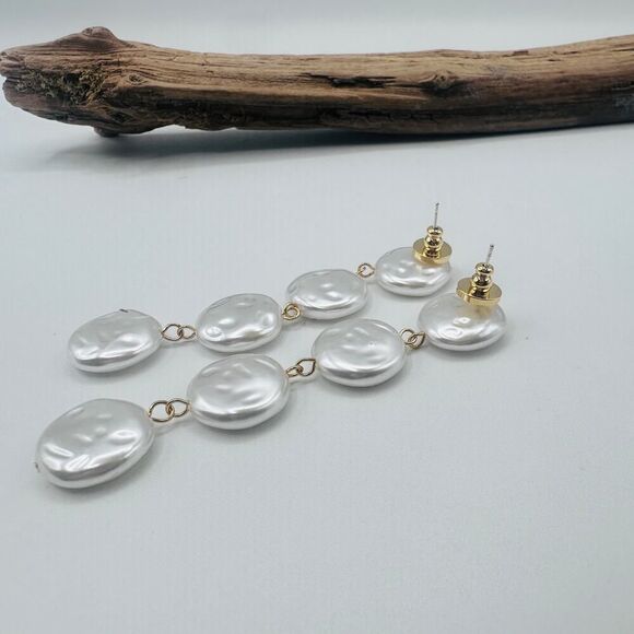 18K Gold Plated Faux Pearl Drop Earrings – Long Statement Dangles - Picture 4 of 7